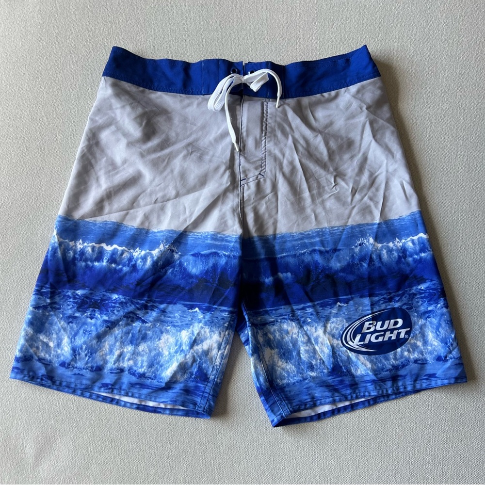 Men’s Blue and Gray Bud Light Pull String Swim Trunks